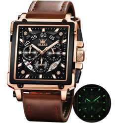 OLEVS Men's Watch Square Quartz Chronograph Leather Fashion Dress Watch