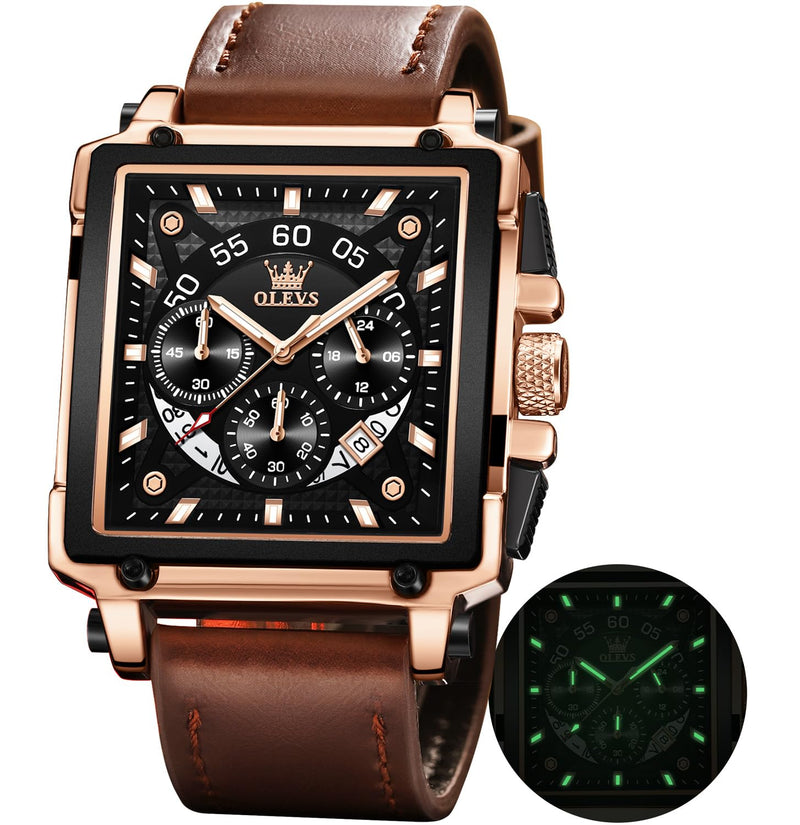 OLEVS Men's Watch Square Quartz Chronograph Leather Fashion Dress Watch