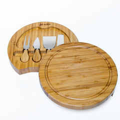Bamboo Cheese Board and Knife Set - 10 Inch Swiveling Charcuterie Board with Slide-Out Drawer